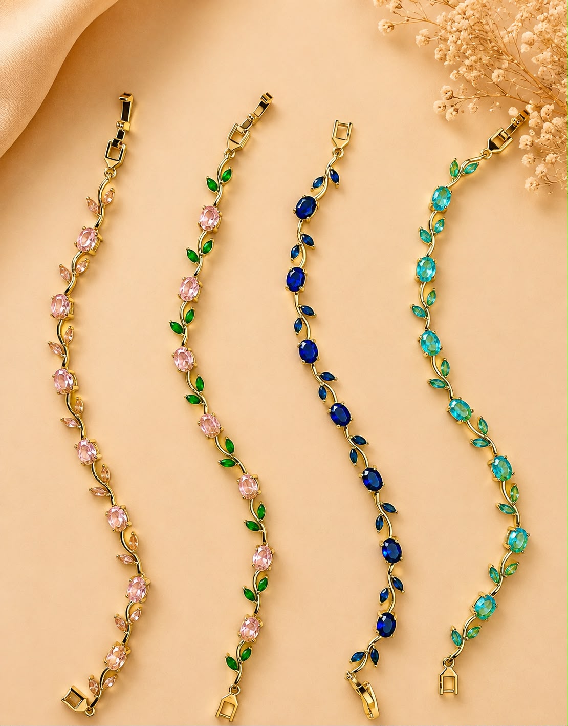 Crystal Tulip Bracelet Set in four colours — pink, green, blue, and teal — with gold vine detailing