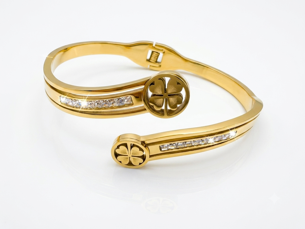 Gold Clover Crystal Bangle Bracelet — Shemon Jewelry
